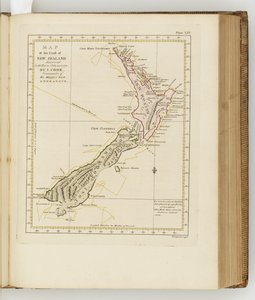 Mapa de la costa de Nueva Zelanda, ilustración de Un diario de un viaje a los mares del sur: en el barco de Su Majestad, el Endeavour, 1794 de Sydney